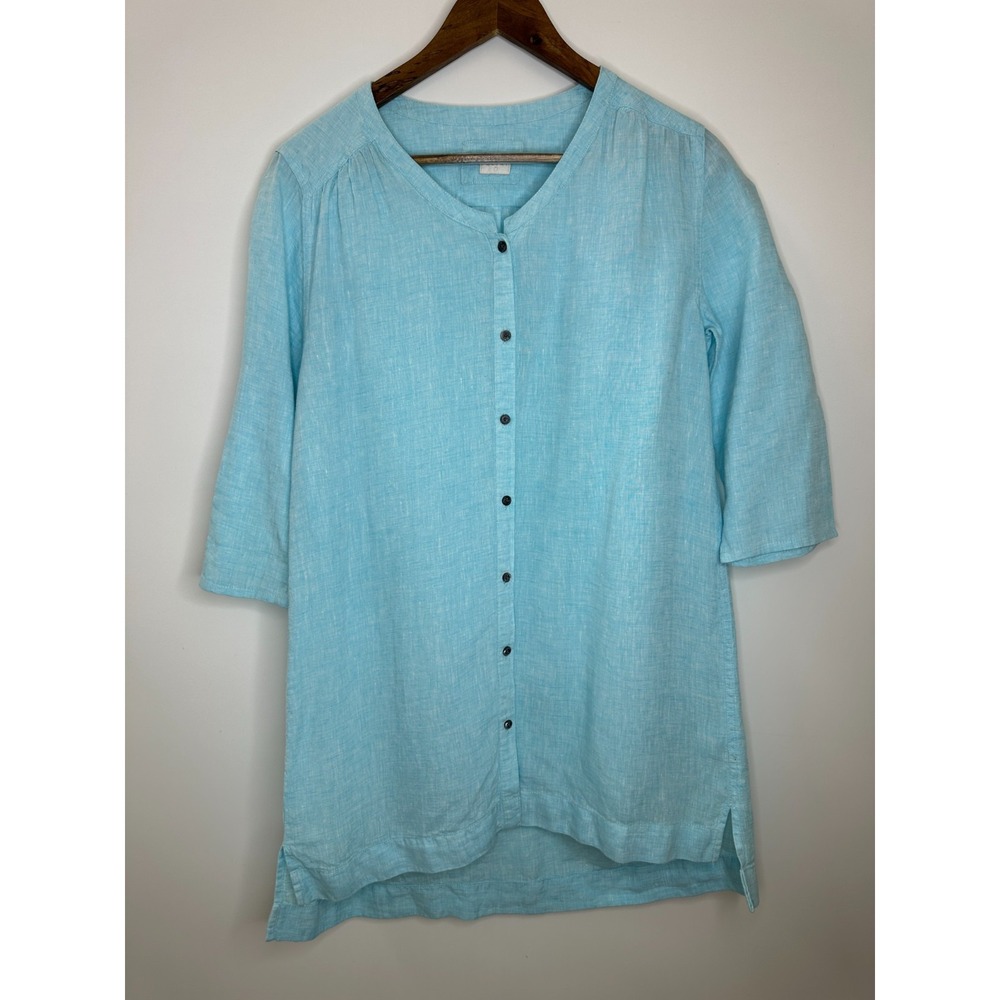 Poetry Linen Button Front Tunic Top V-Neck 3/4 Sleeve Blue Lagonlook Coastal - Picture 12 of 12